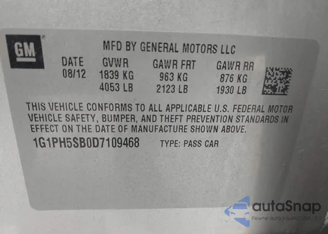 2013 Chevrolet Cruze Eco Auto from USA, damaged, VIN 1G1PH5SB0D7109468